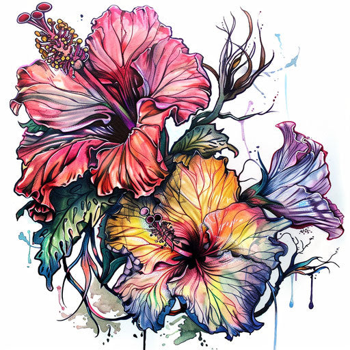 Surreal hibiscus tattoo blending nature and fantasy