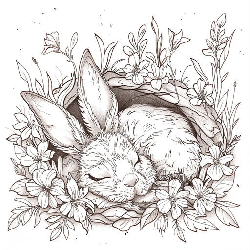 A sleeping bunny in a cozy burrow decorated with flowers. Coloring book page