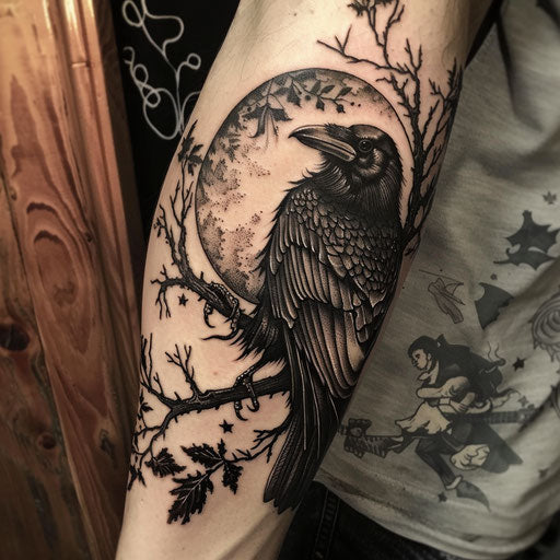 Elbow tattoo of a gothic raven, styled after Gerald Brom, elbow