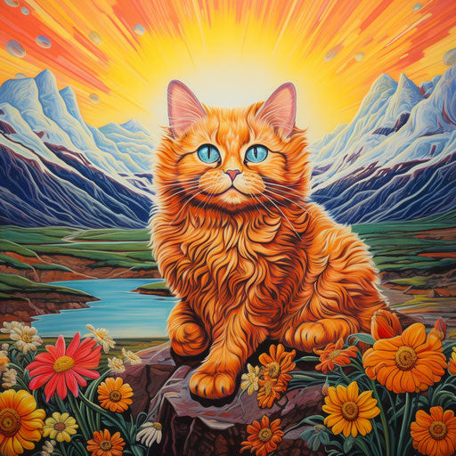 Louis Wain cat sitting in front of mountain scenery