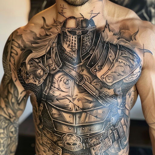 Cool tattoos for men featuring a knight in armor on the chest