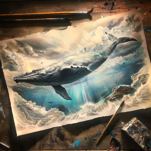 Ethereal sketch of a whale in a dreamy seascape