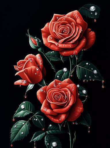 Three red roses with raindrops and diamonds