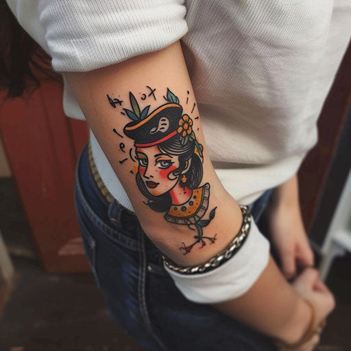 Wrist tattoos for women with sailor motifs, in the style of Sailor Jerry
