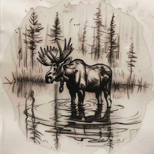 Nature-inspired flat tattoo sketch of a moose by a lake