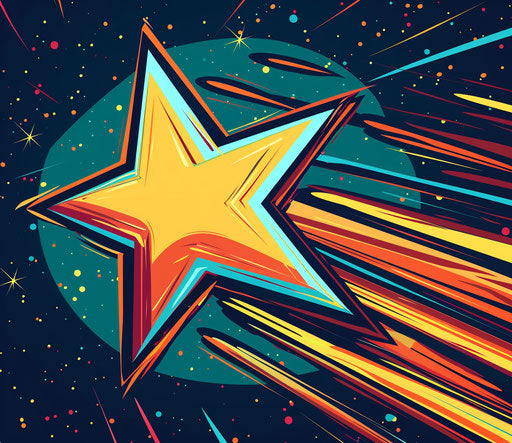 Colorfilled star: dark sky-blue and bright orange, speed and motion, playful cartoonish