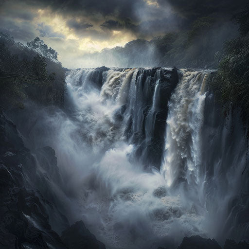 Tegenungan Waterfall with strong flow and moody atmosphere