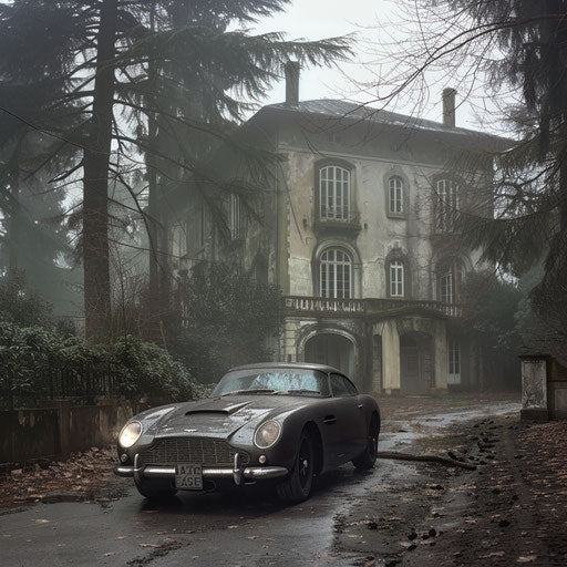 Ghostly Aston Martin DB7 Zagato haunting a foggy, abandoned mansion driveway