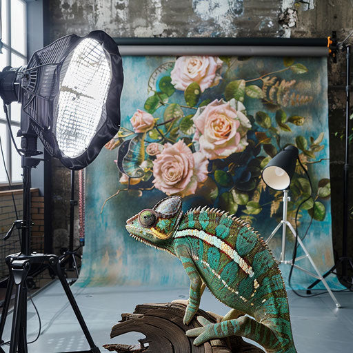 A chameleon in a photographer's studio, posing with various backgrounds and lighting