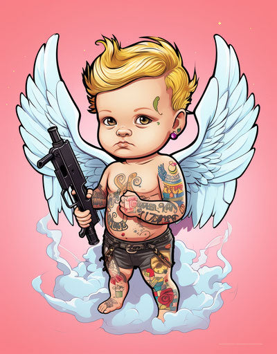 Tattooed man with gun, angelic photo style cartoon, dinopunk