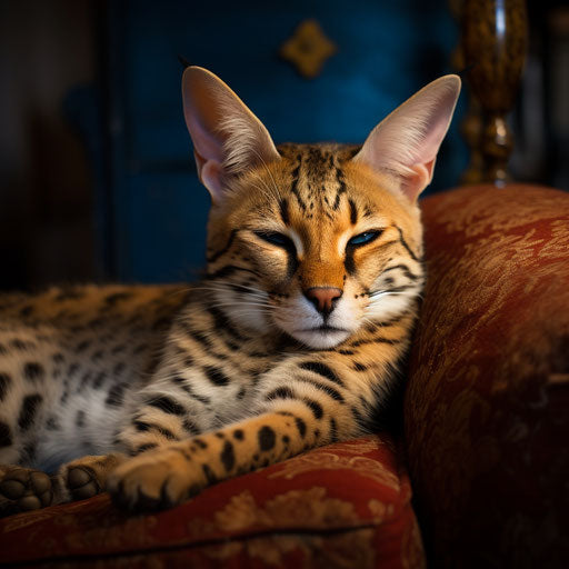 A serval cat sleeping on a couch