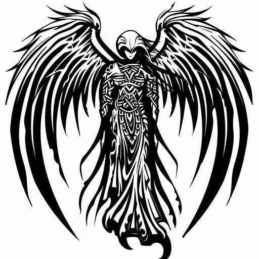 Guardian angel tattoo with tribal twist on pure white