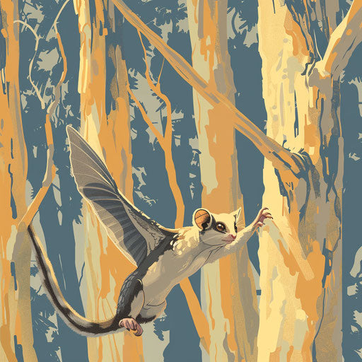 Sugar glider gliding between eucalyptus in Australia