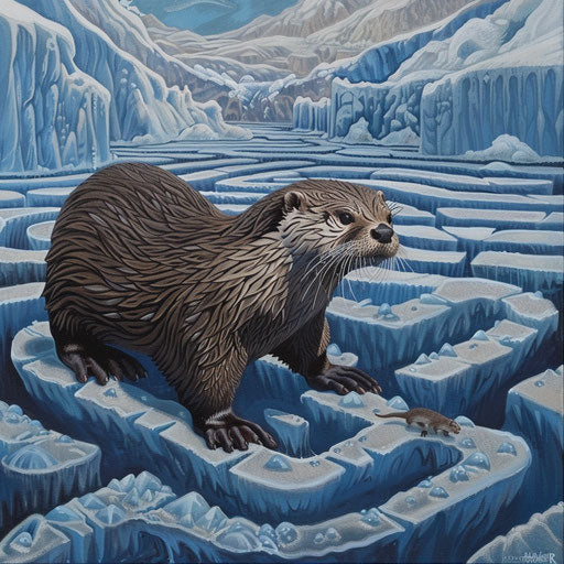 Otter navigating carefully on ice floes in a chilly river