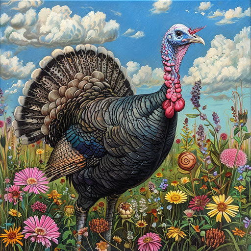 Wild turkey among blooming wildflowers