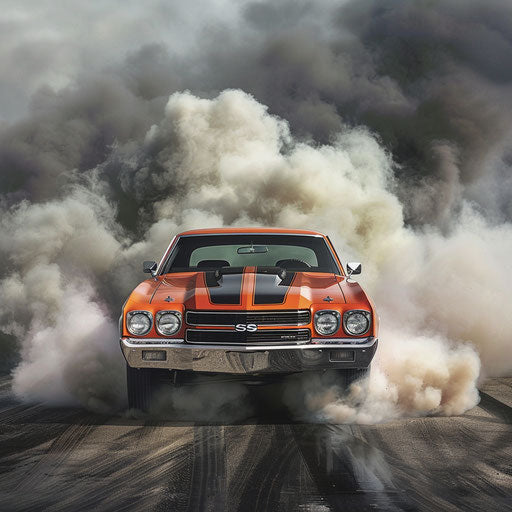 Vivid orange Chevelle SS with black stripes emerging from smoke