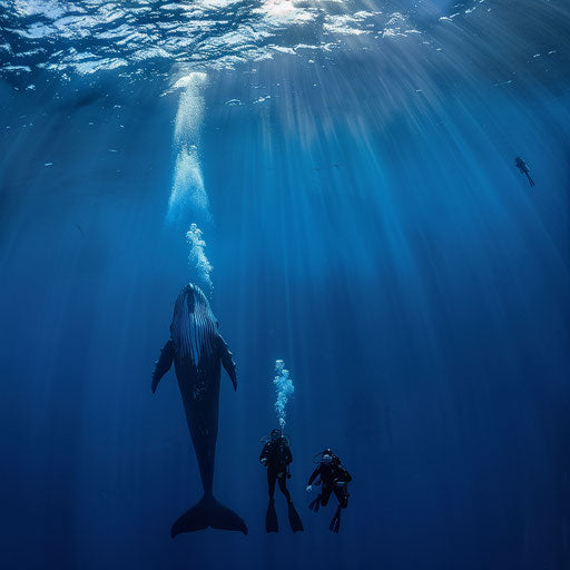Peaceful encounter between a blue whale and curious divers