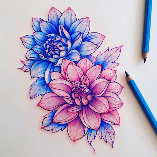 Duo-tone dahlia tattoo sketch with blue and pink shades