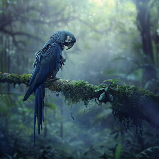 Spix's macaw on a mossy branch in the misty morning