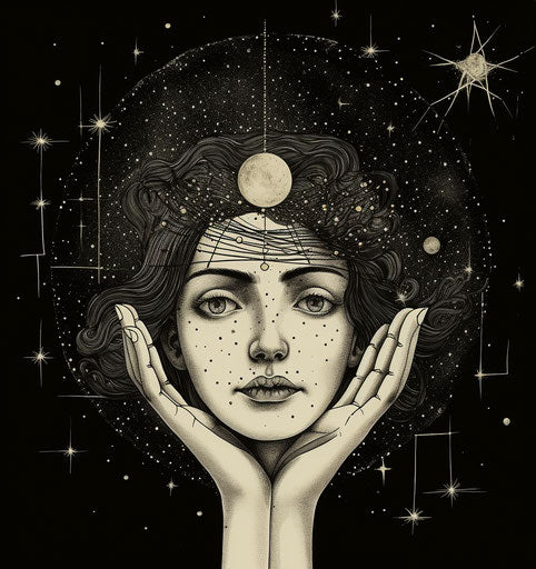 Women with stone ball and moon star occultism inspired