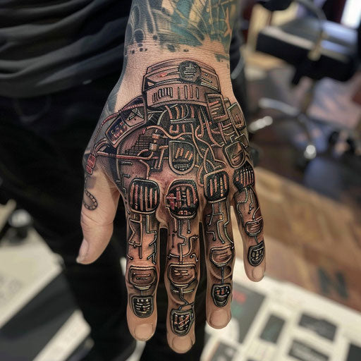 Small hand tattoos with a cyberpunk theme
