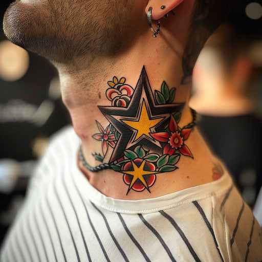 Neck tattoo with traditional nautical stars