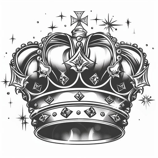 Dramatic tattoo sketch of a king's crown overlaid on a queen's tiara with sparkling diamonds, clipart style