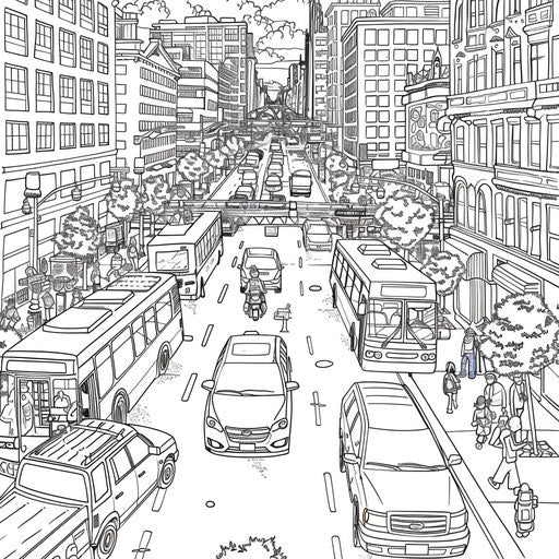 A bustling street with cars, buses, and pedestrians