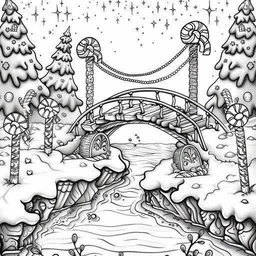 Candy cane bridge over a river of chocolate