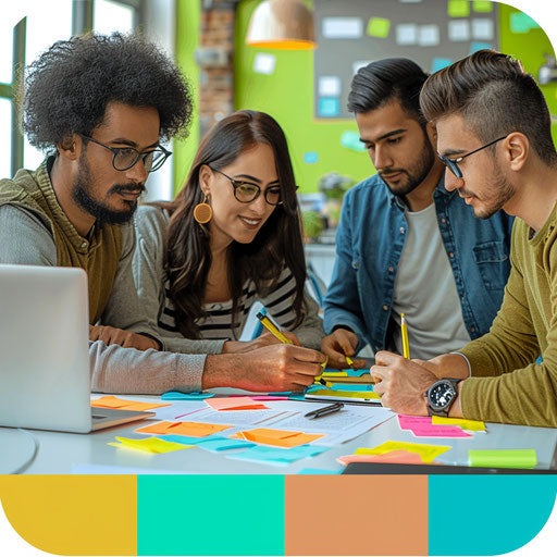 Diverse marketers team planning campaign, colorful post-its and laptops open