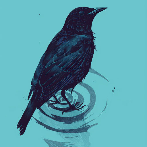 Minimalist tattoo sketch of a blackbird in a flat clipart style with a subtle blue water ripple effect