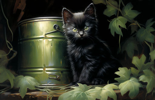 Black kitten on a tin can, wiccan style, soft, lovely