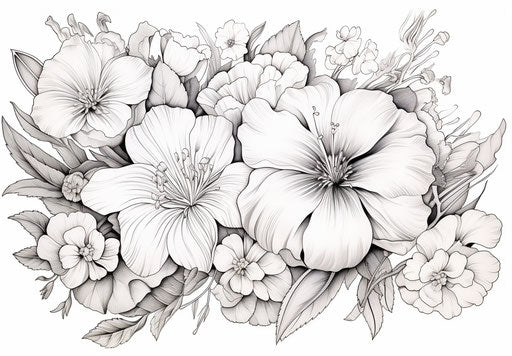 Flowers coloring page, detailed brushwork style