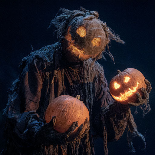 Dark figure clutching glowing jack-o'-lanterns
