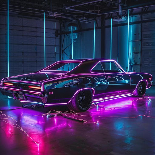 1967 Chevy Bel Air with neon accents and retro-futuristic vibe