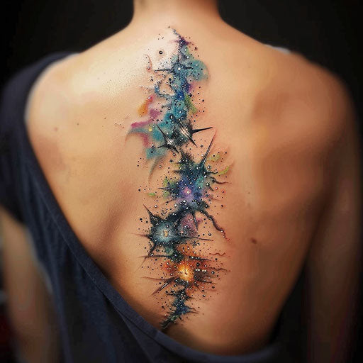 Surreal cosmic spine tattoo design