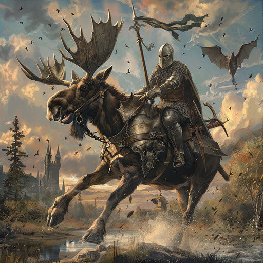 Knight on a battle-ready moose in a medieval scene
