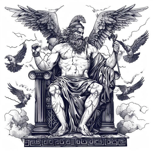 Zeus on his throne surrounded by eagles, traditional Greek art