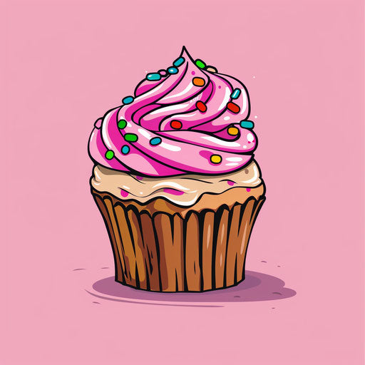 Flat tattoo sketch of a pink cupcake with colorful sprinkles