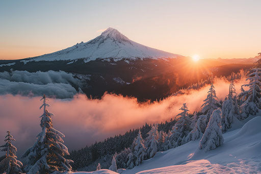 Mount Hood in Oregon with snow, beauty and depth of field, gorgeous sunset, 3:2