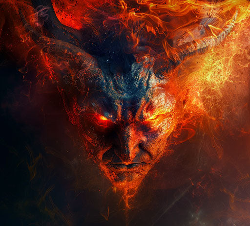 Scary devil with flames, shiny spheres, graphic elements