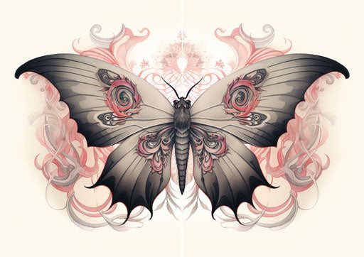 The moth in pencil sketch, intricate dotwork, striking patterns