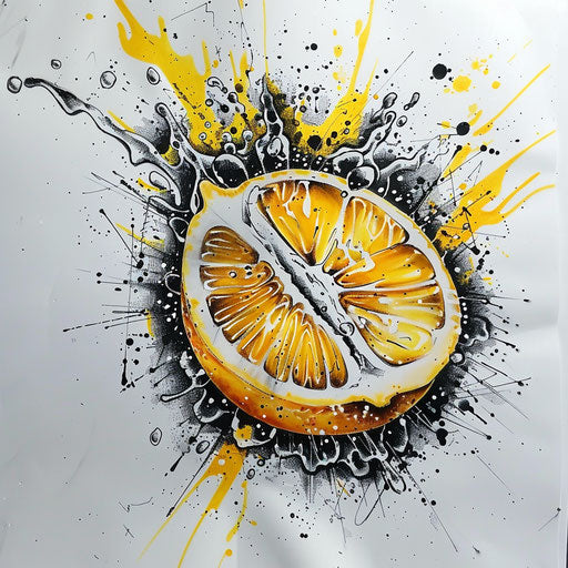 Flat lively tattoo sketch of a lemon exploding with zest and energy