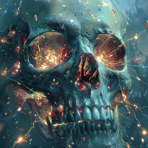 Skull emerging from the world, gamercore style, applecore, haunting figuratism, shiny, poignant, caffenol developing, wiccan