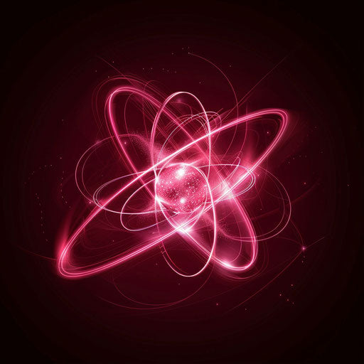 Realistic atom clipart on a rich burgundy background, lumi