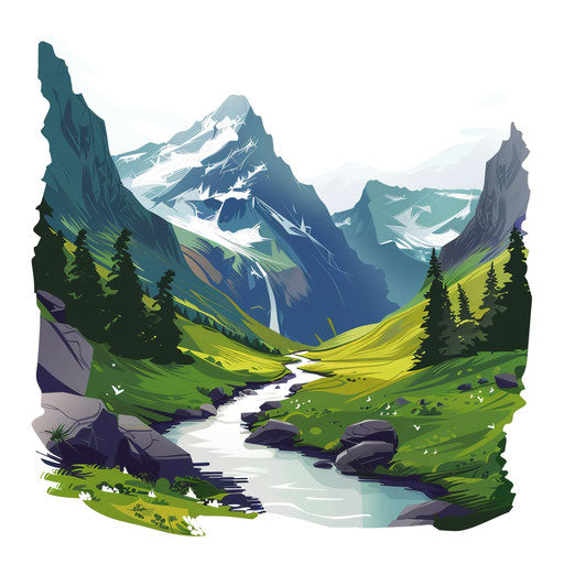 Valley clipart in photorealistic style on white background, vibrant colors