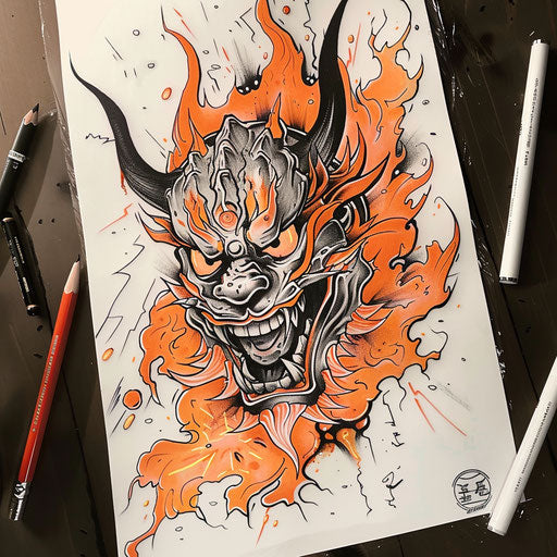 Dynamic flat tattoo sketch of a Japanese demon with flames and explosive elements