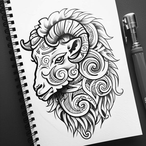 Exotic flat sheep sketch with traditional Maori tattoo patterns
