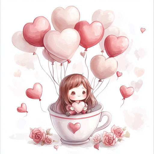 Cute girl in coffee cup, heart-shaped balloons