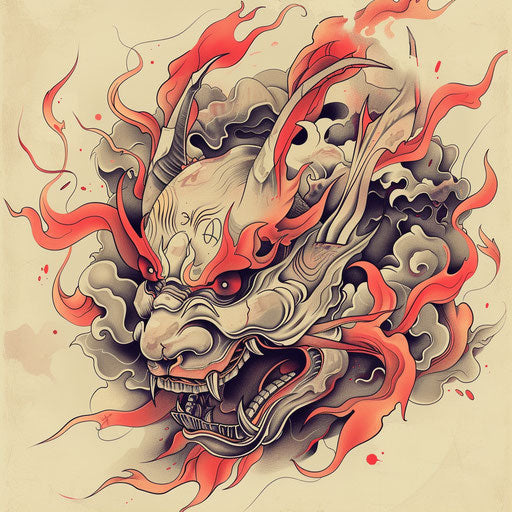 Dynamic sketch of a Hannya mask with swirling, fiery breath
